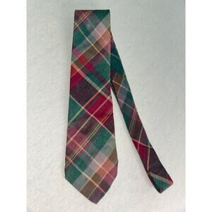 Lands' End Men's 100% Cotton Tie Pink Purple Green Plaid Made‎ in USA
